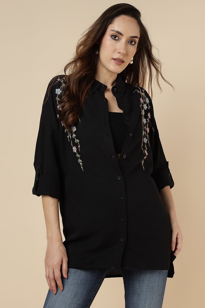 Black Floral Embroidered Longline Button-Down Shirt