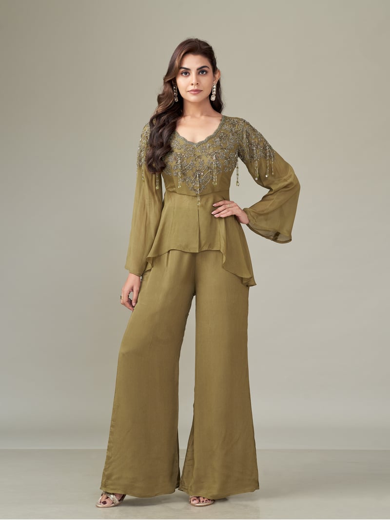 Olive Gold Chiffon Embroidered Co-ord Set
