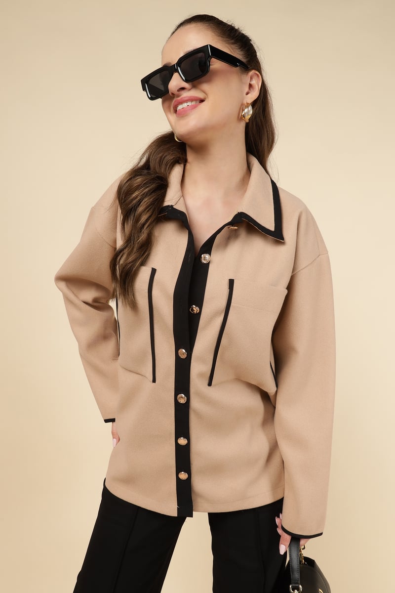 Camel Colorblock Button-Front Shirt with Contrast Trim