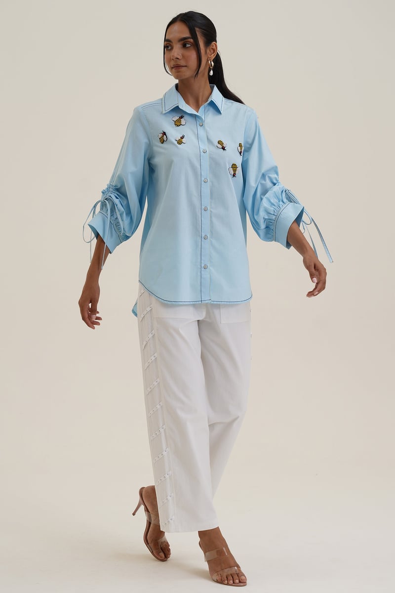 Powder Blue Cotton Shirt with Honey Bee Patch Motifs