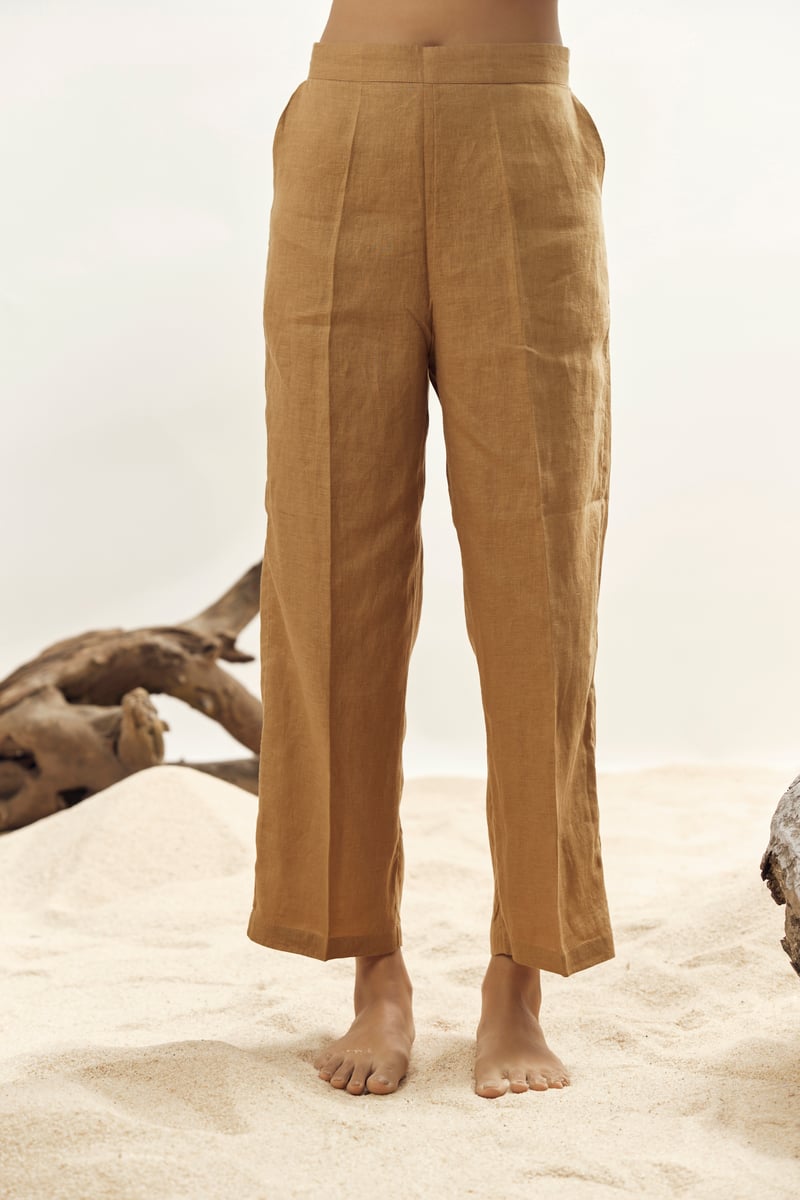 Camel Linen High-Rise Straight-Leg Trousers — Linen Bloom
