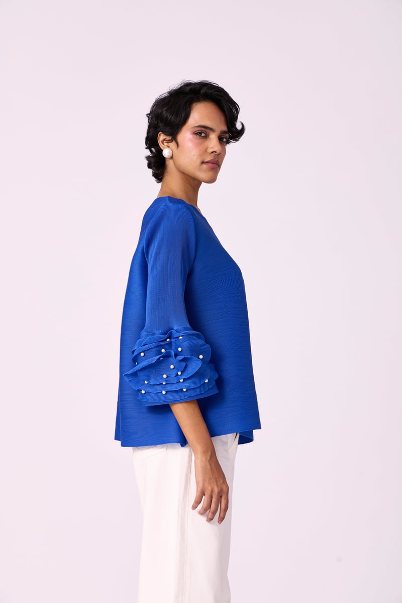 Azure Blue Pleated Top with Pearl Applique Sleeves