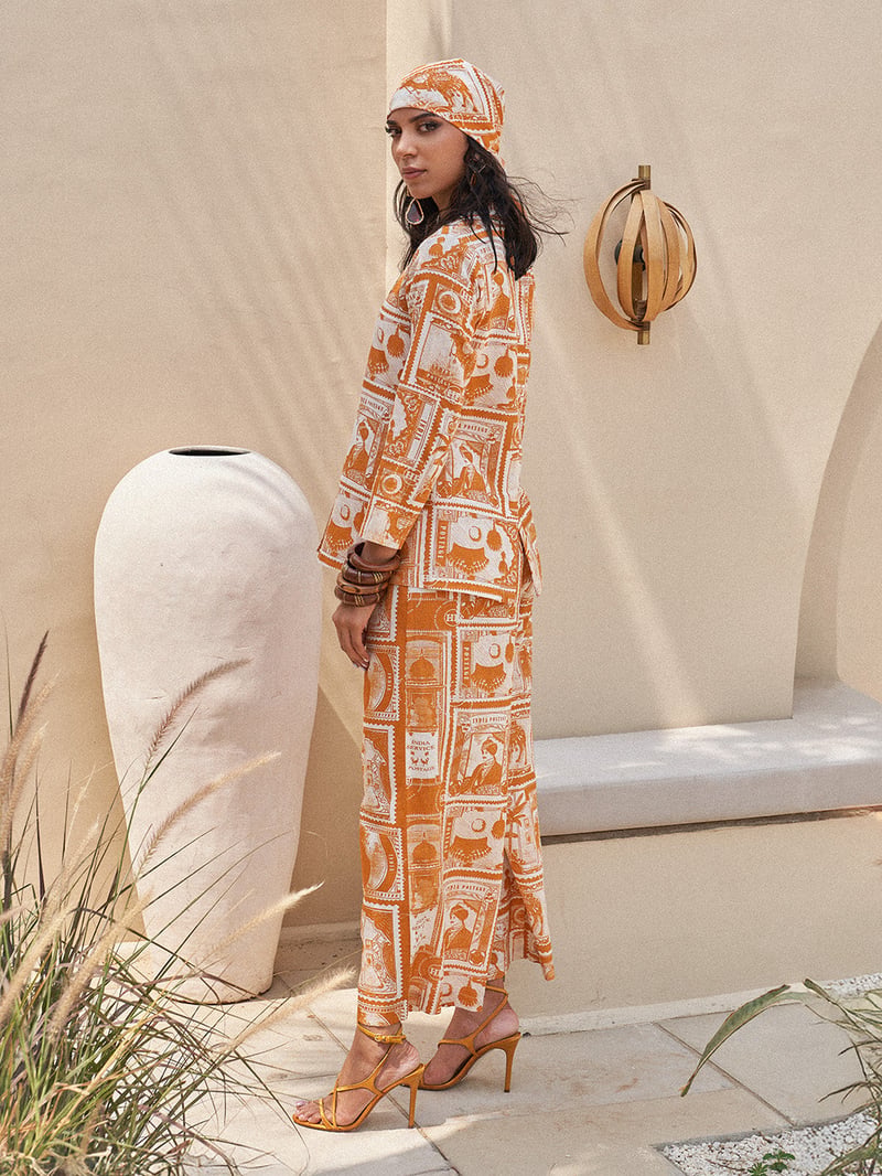 Mustard Printed Jacket and Wide-Leg Pant Co-ord Set