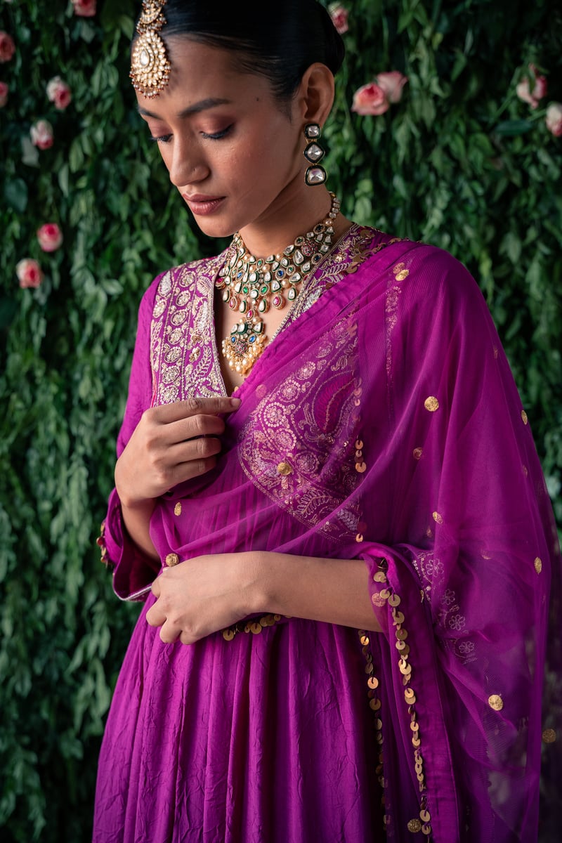 Mauve Crushed Silk Embroidered Yoke Kurta Set