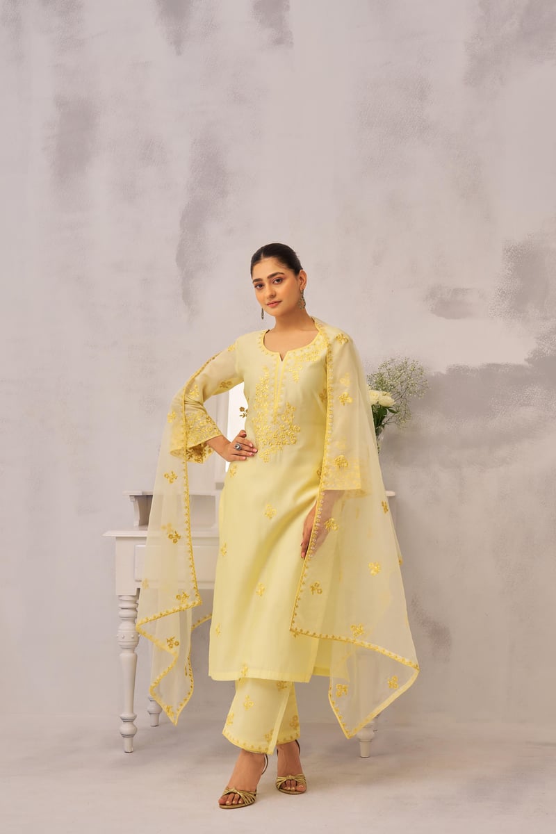 Lime Yellow Chanderi Silk Embroidered Suit Set