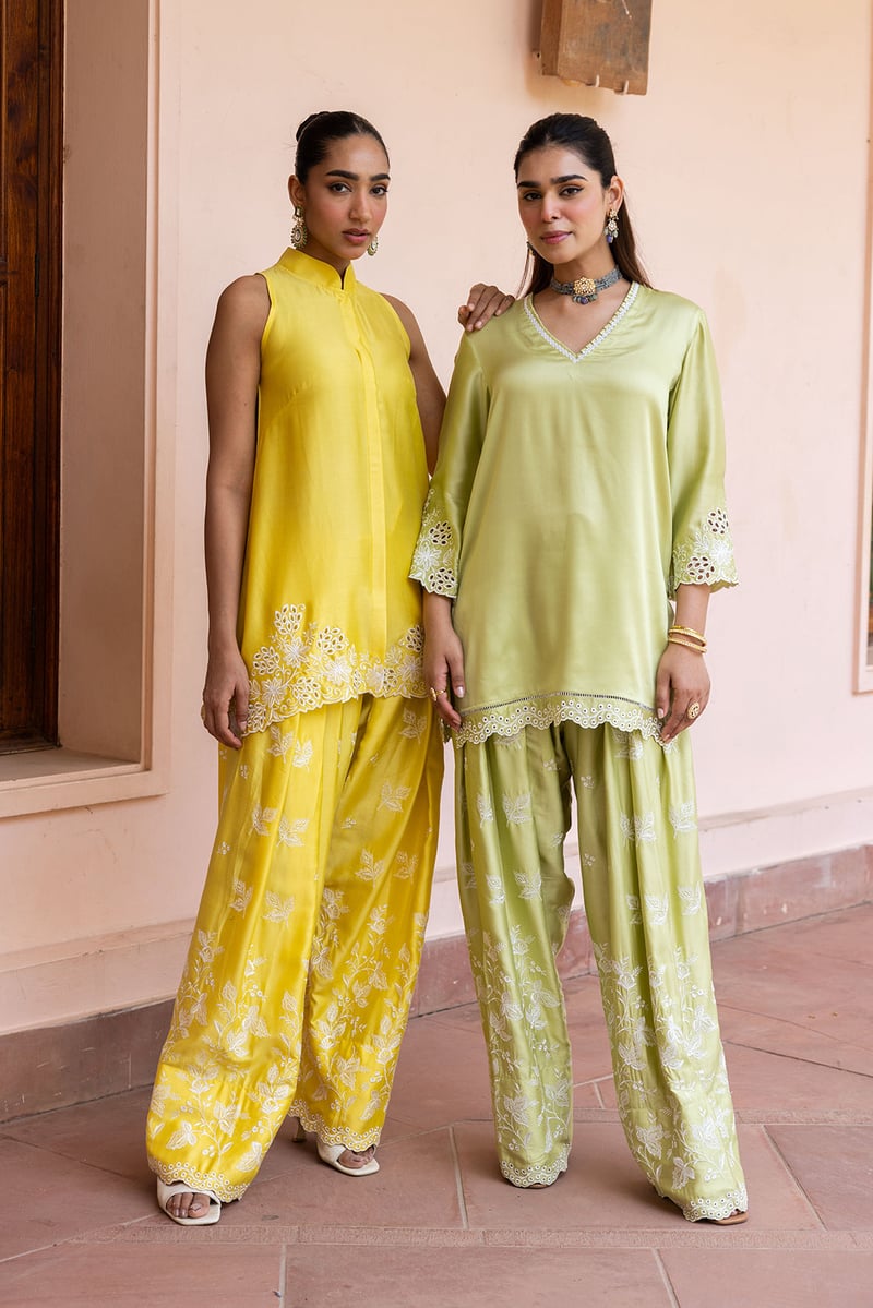Green Cutwork Tunic and Farshi Pants Co-ord Set