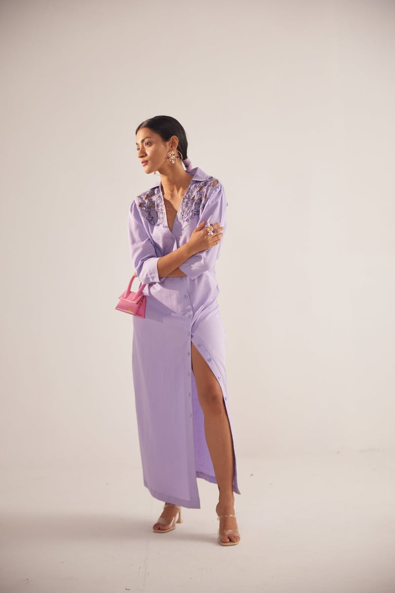 Lavender Cotton Satin Maxi Shirt Dress with Cutwork Yoke