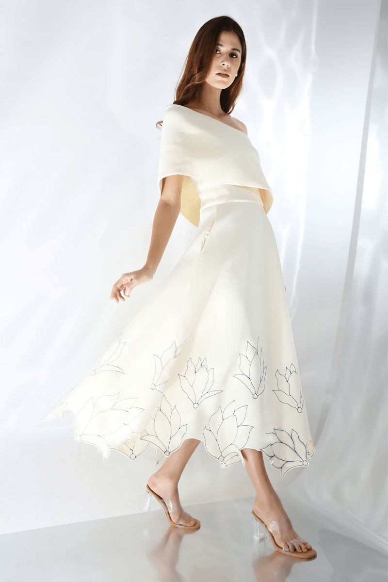 Off-White Strapless Fit and Flare Midi Dress
