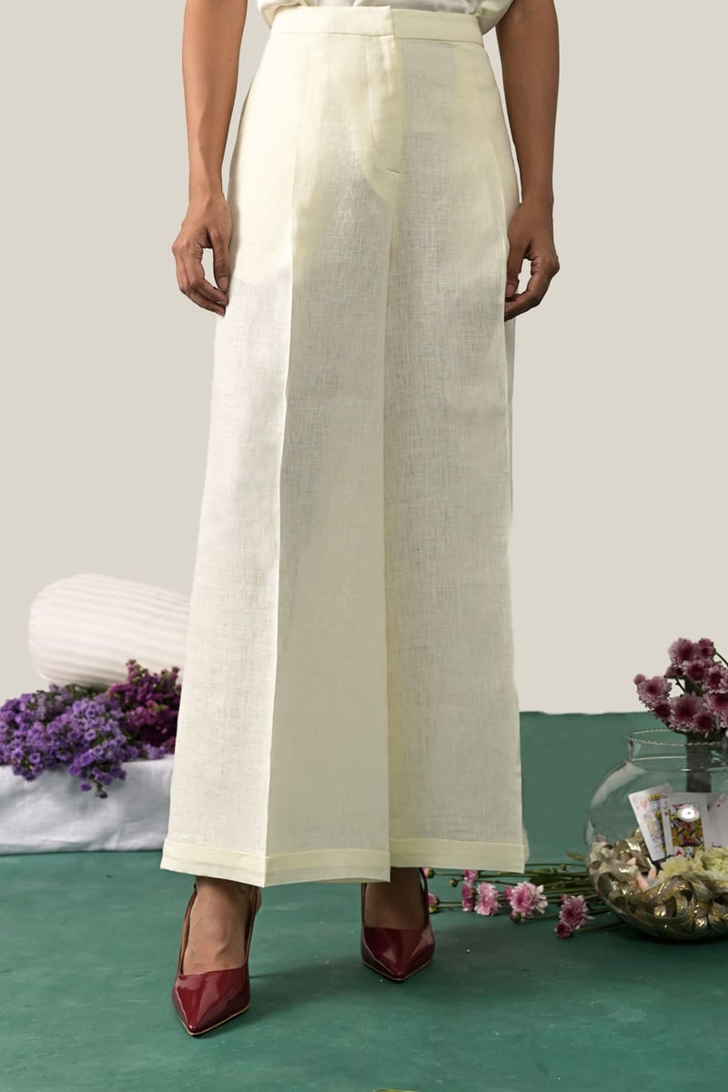 Off White Linen Pleated Wide-Leg Trousers — YELL