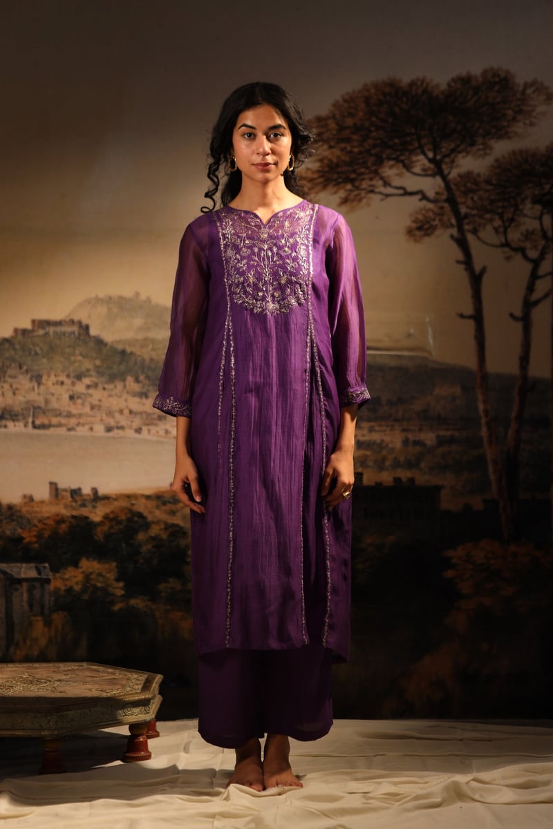 Purple Chanderi Embroidered Kurta Set with Pants and Slip — Tatwa Designs