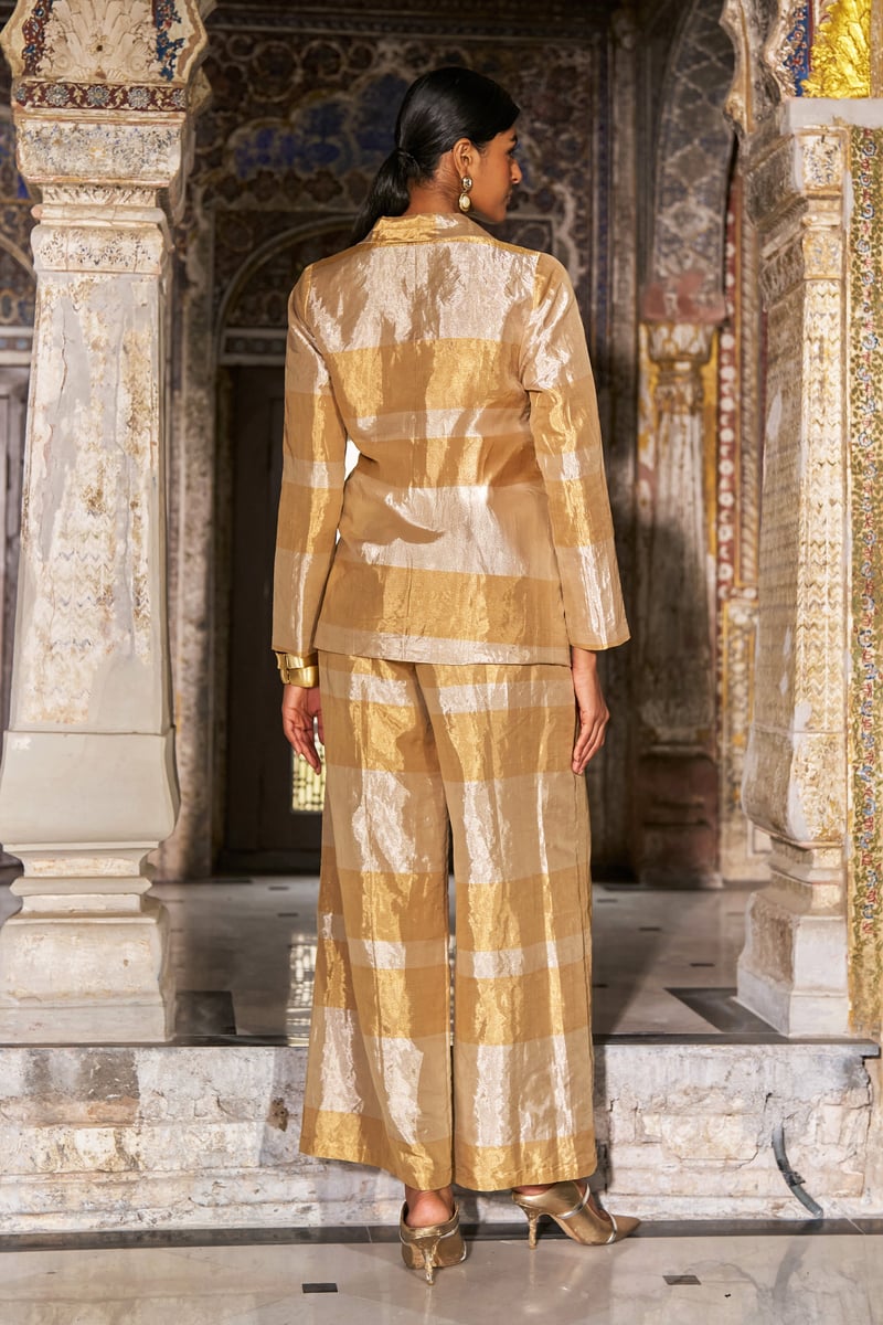 Champagne Gold Metallic Striped Wide-Leg Trousers