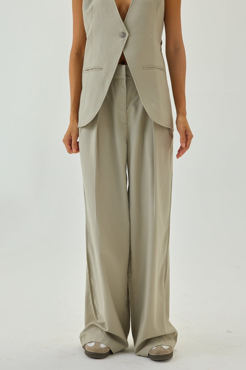 Greige High-Waist Pleated Wide-Leg Trousers