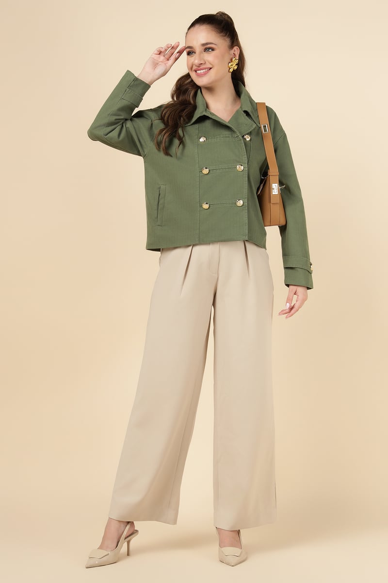 Green Double-Breasted Tailored Jacket with Gold Buttons — ASPRIN FASHION
