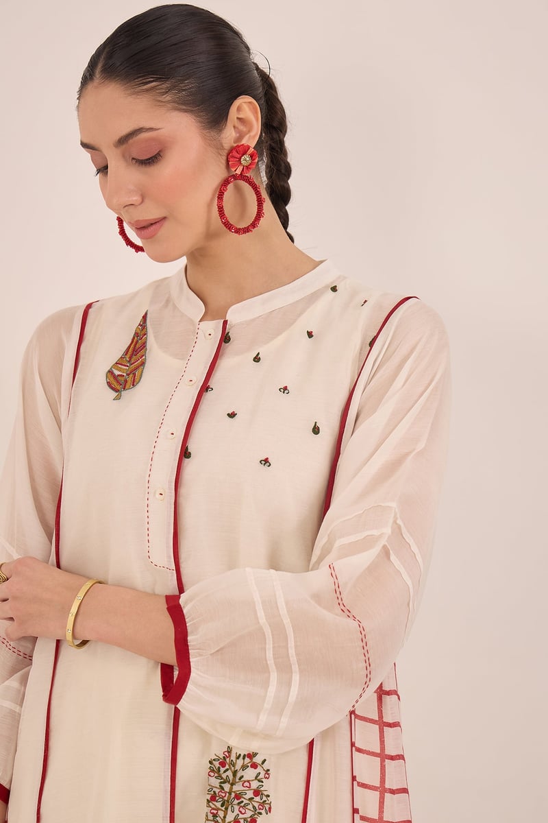 Ivory Chanderi Kali Kurta Set with Red Check Panels