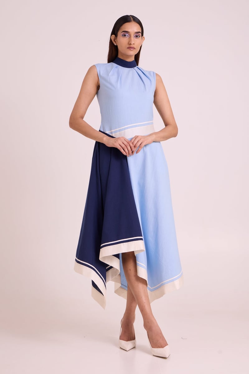 Ice Blue and Navy Colorblock Asymmetrical Midi Dress