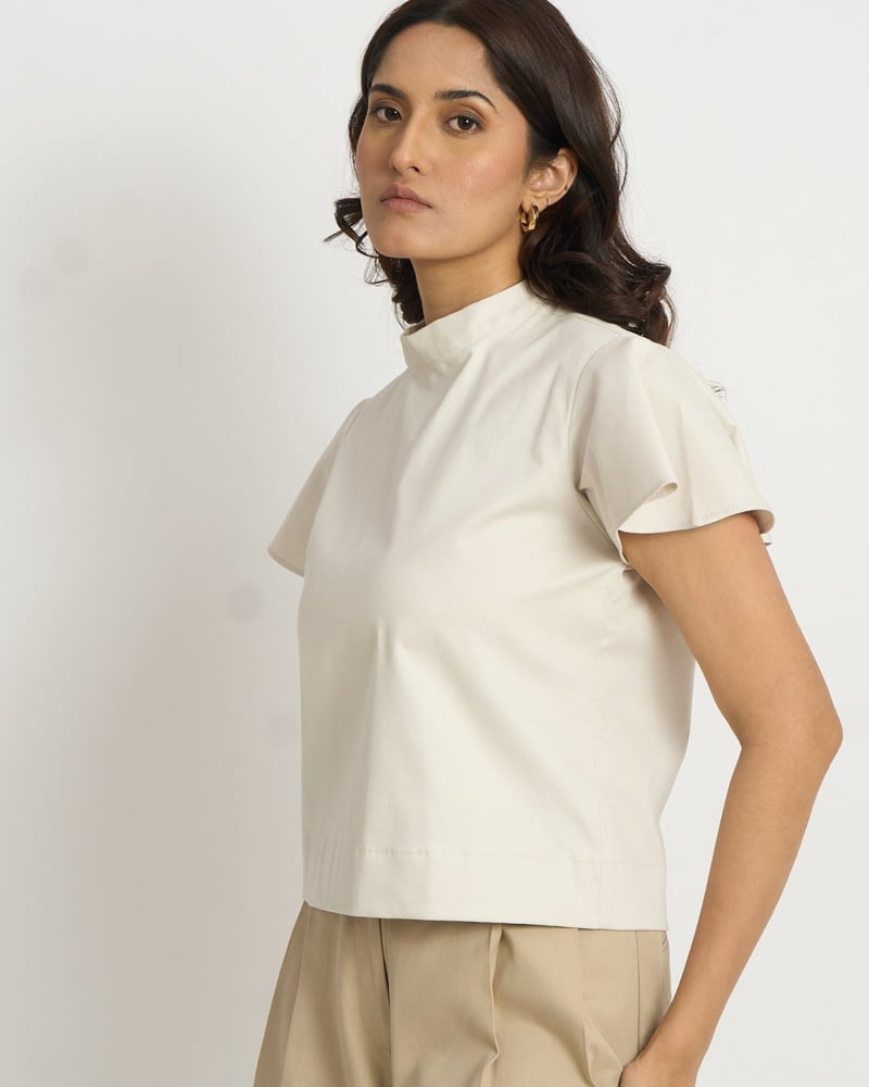 Cream Cotton Mock Neck Flutter Sleeve Top