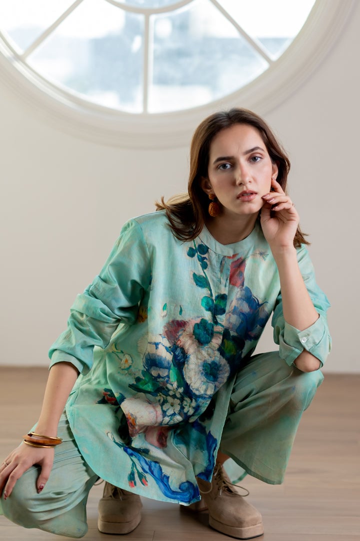 Aqua Green Printed Shirt and Pant Co-ord Set