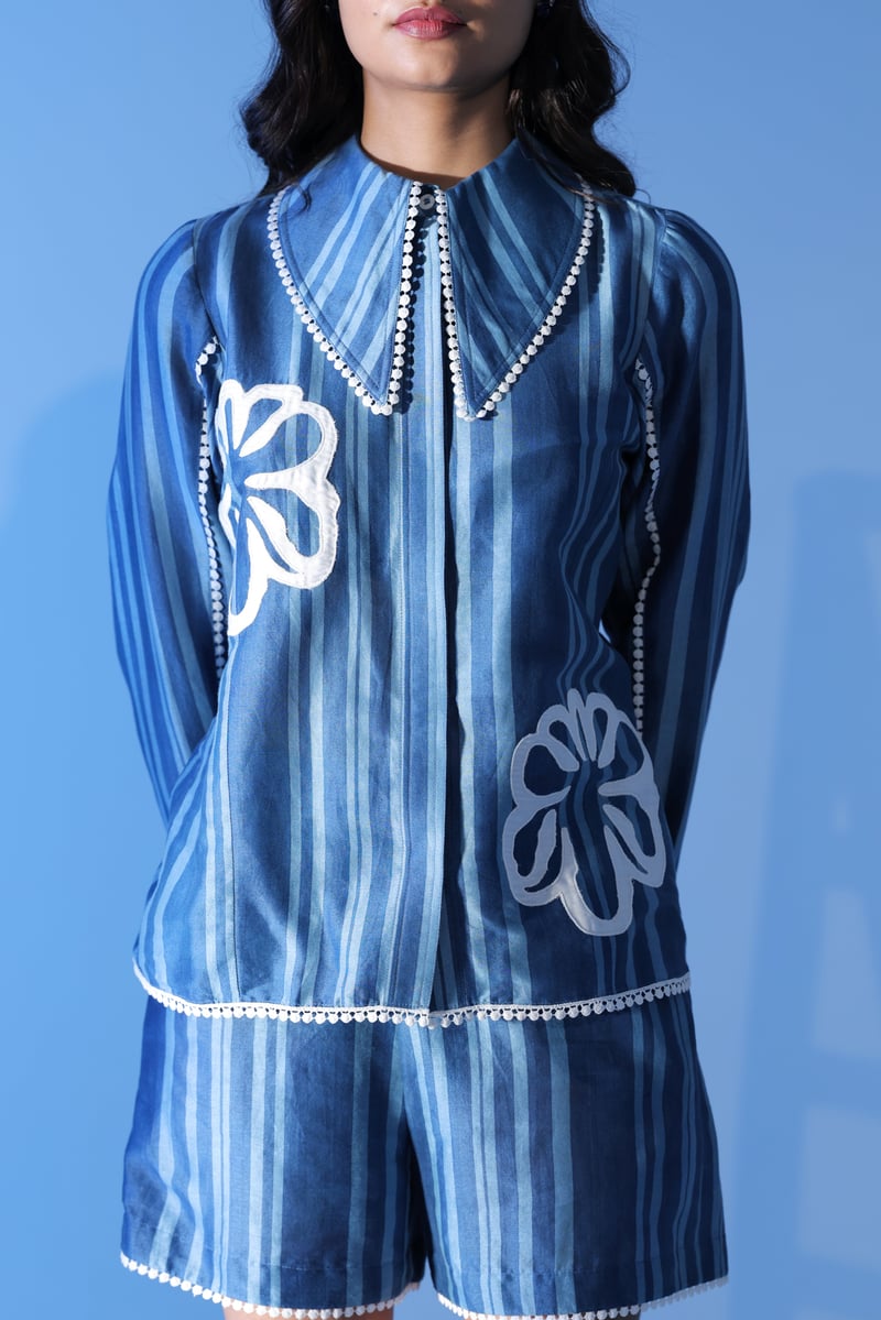 Blue Striped Shirt and Shorts Co-ord Set with Applique