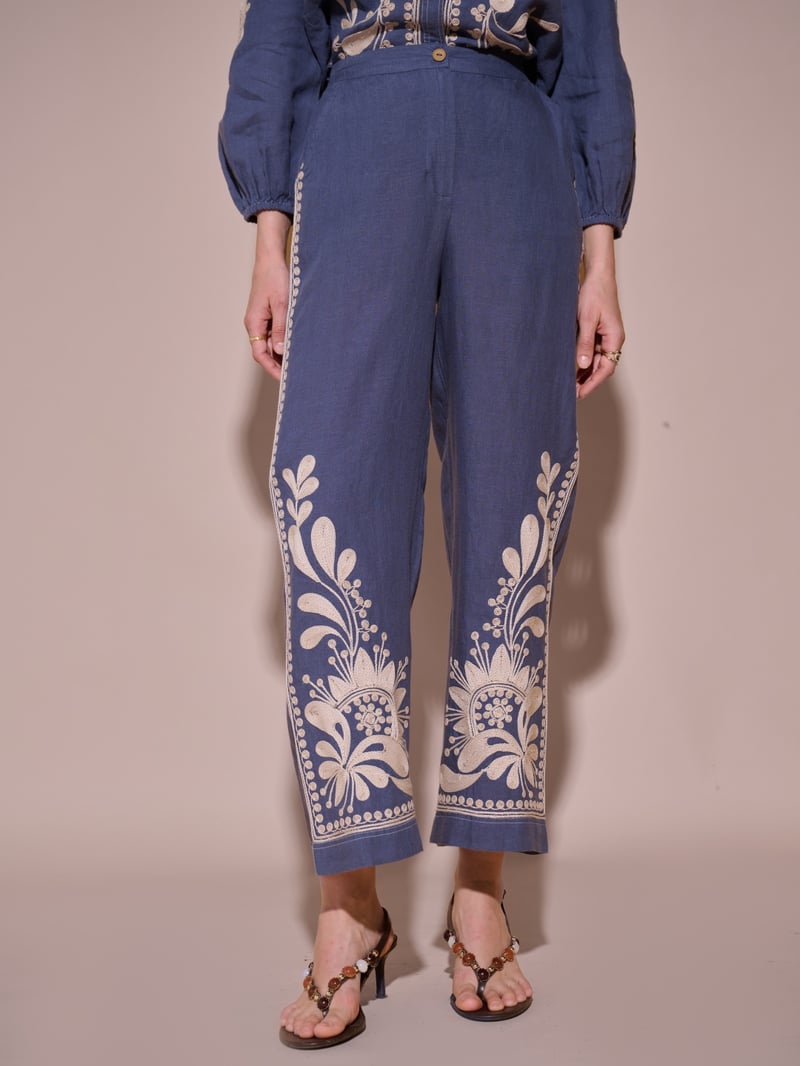 Blue High-Rise Wide-Leg Embroidered Trousers