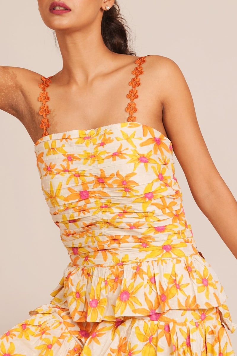Layered Floral Print Ruched Bodice Tiered Midi Dress