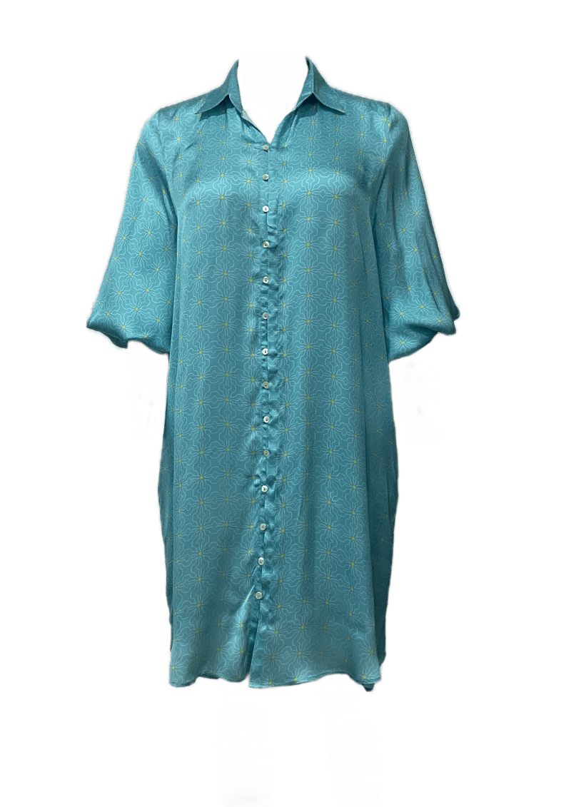 Olive Printed Satin Oversized Shirt Dress with Pockets
