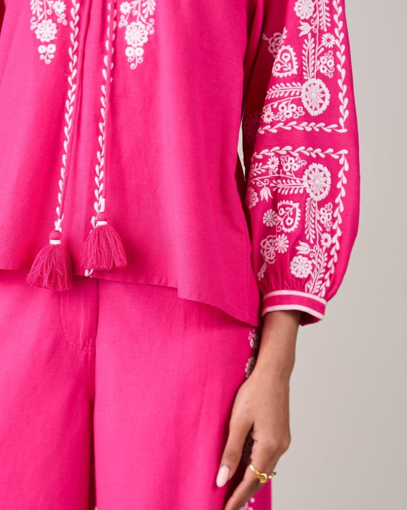 Pink Embroidered Longline Tie-Up Tunic Top