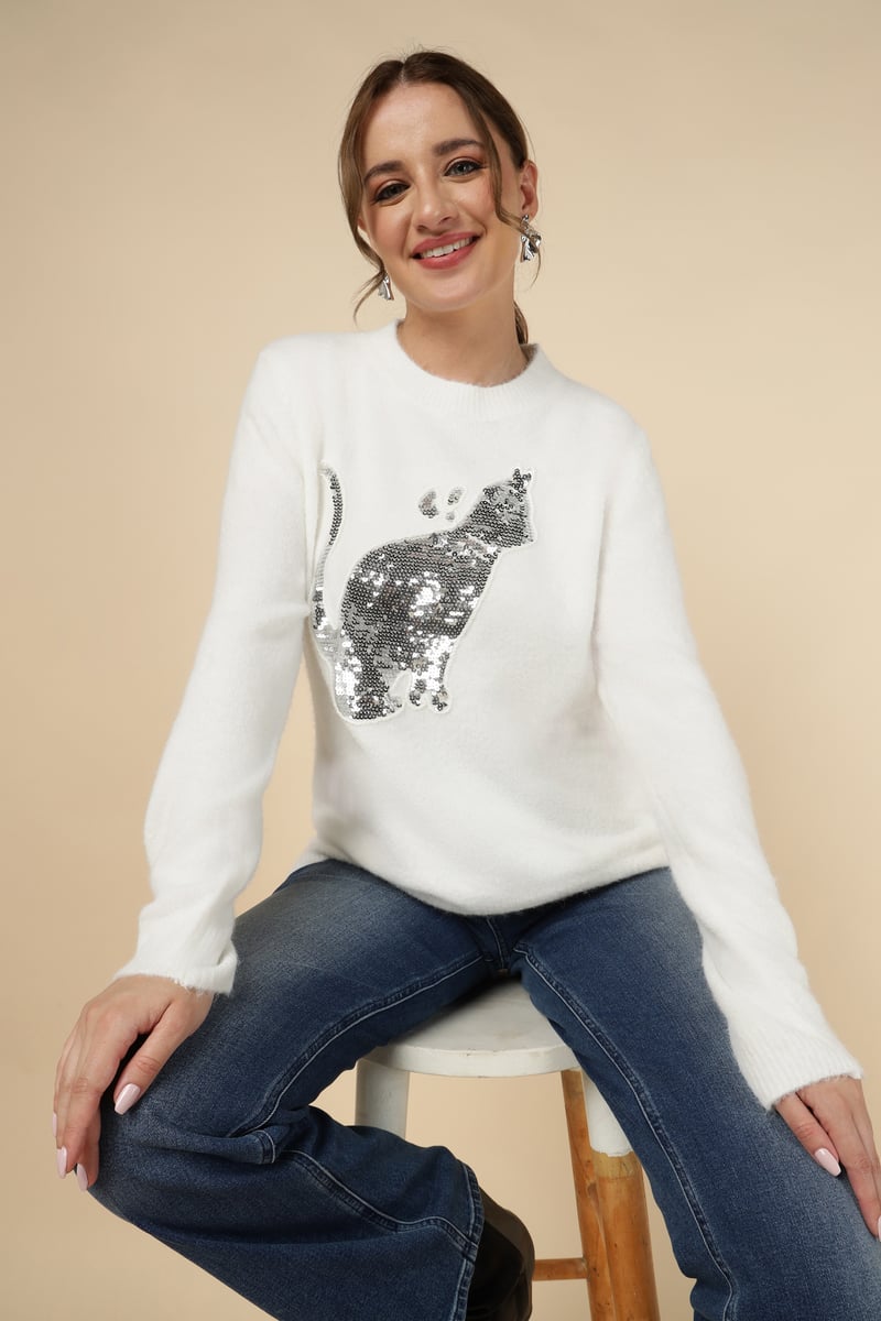 White Sequin Cat Motif Crewneck Pullover Sweater