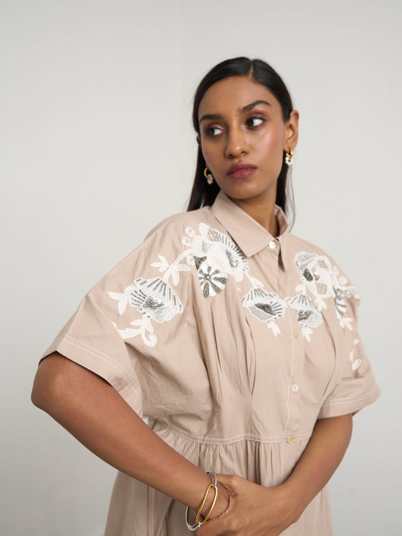 Beige Embroidered Button-Down Cotton Midi Shirt Dress