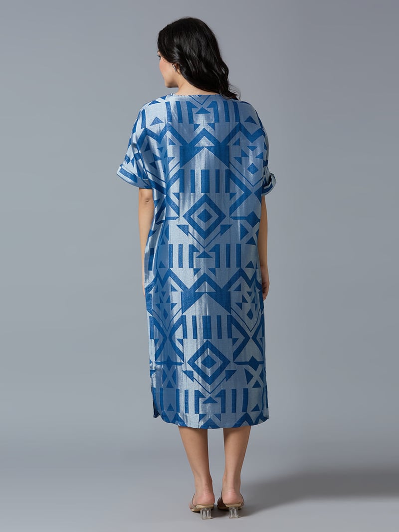 Denim Blue/Silver Geometric Brocade Midi Dress