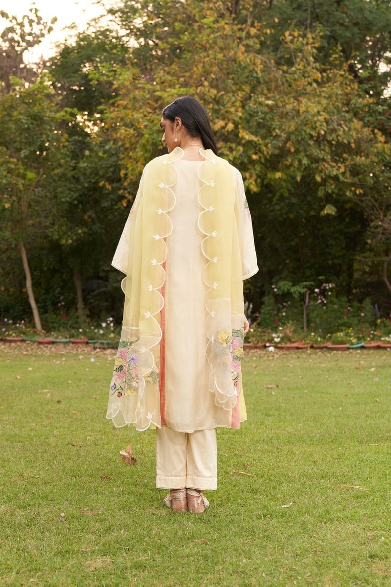 Beige A-Line Embroidered Kurta Set With Organza Dupatta