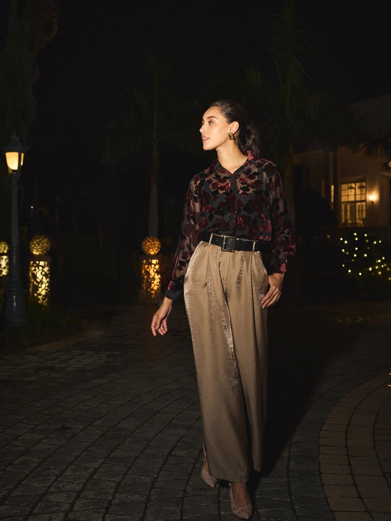 Black Sheer Mesh Shirt with Velvet Floral Overlay