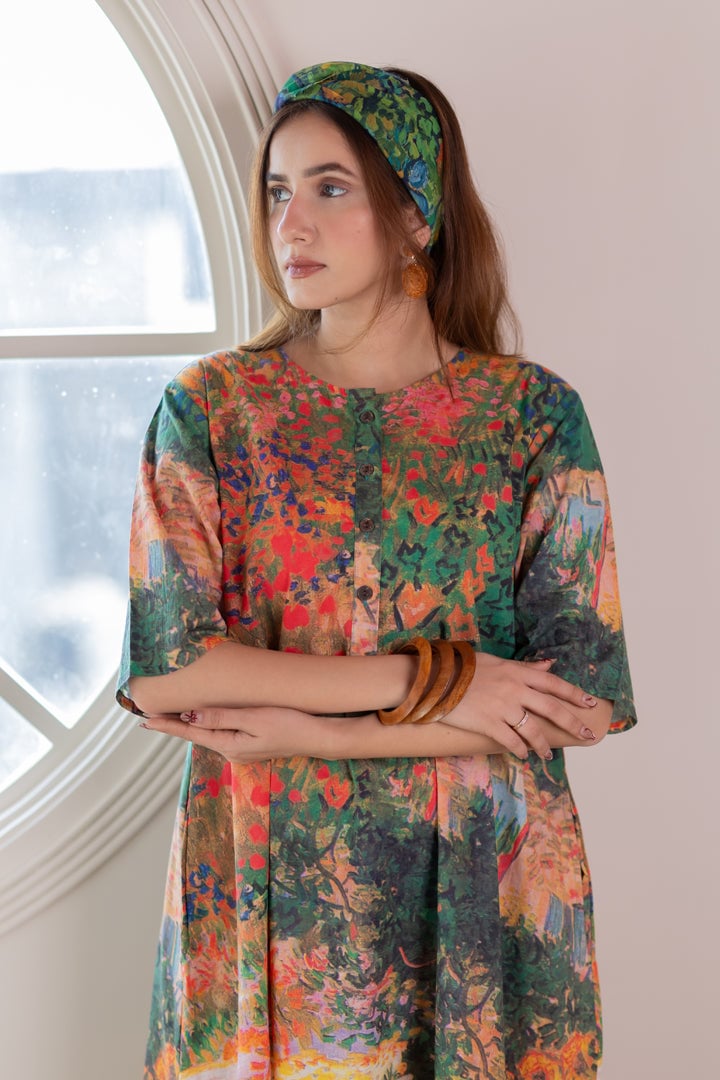 Multicolor Scenic Print Cotton Cambric Kurta Set