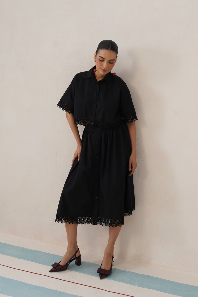 Black Cotton Co-ord Set with Cropped Shirt and Midi Skirt