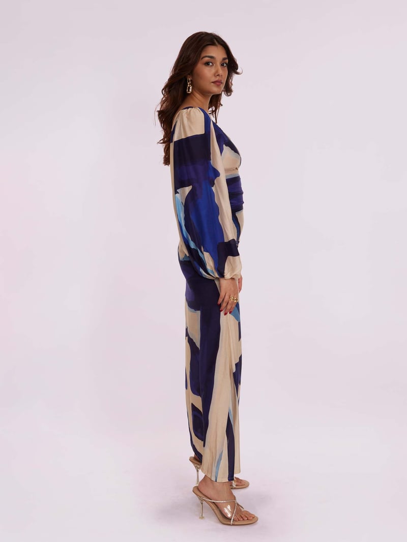 Blue Abstract One-Shoulder Maxi Dress with Balloon Sleeve
