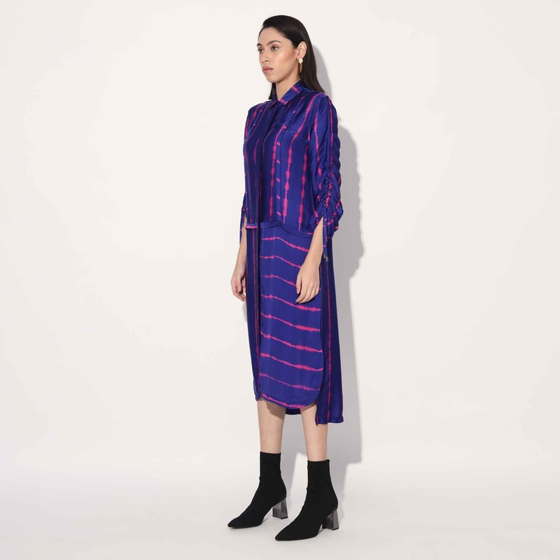 Pink/Purple Shibori Striped Satin Midi Shirtdress