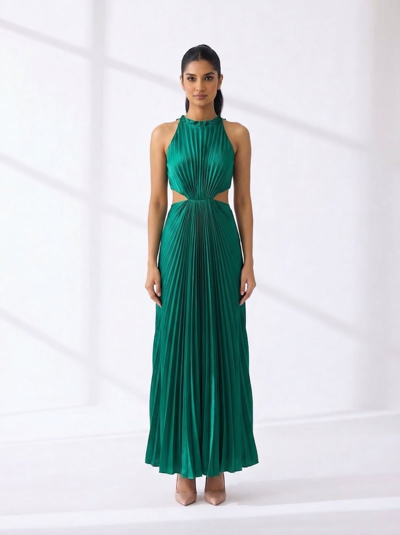 Green Halter-Neck Pleated Cut-Out Maxi Gown — Pleats by Aruni