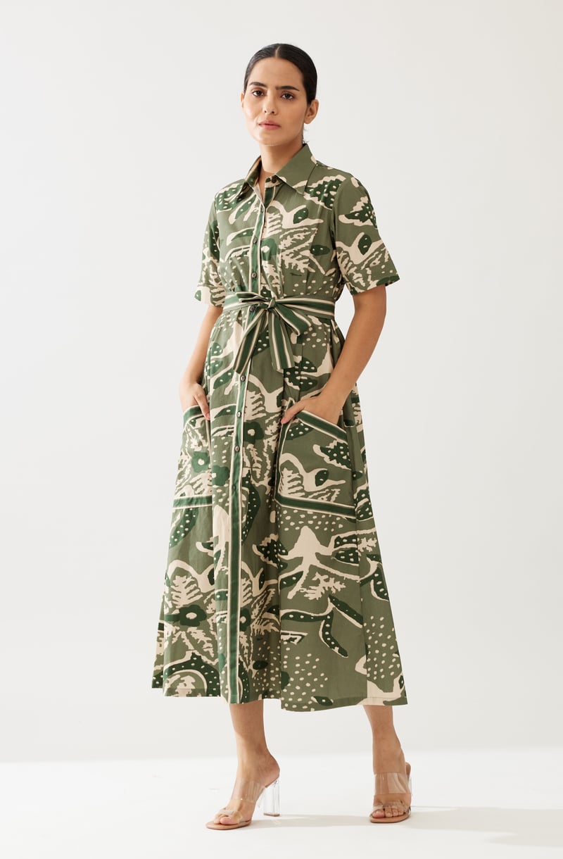 Green And Cream Floral Shirt Dress