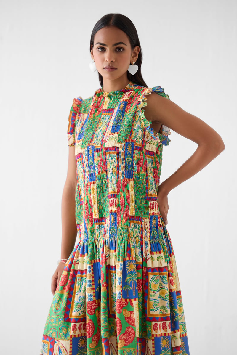 Multicolor Printed Ruched Bodice Maxi Dress