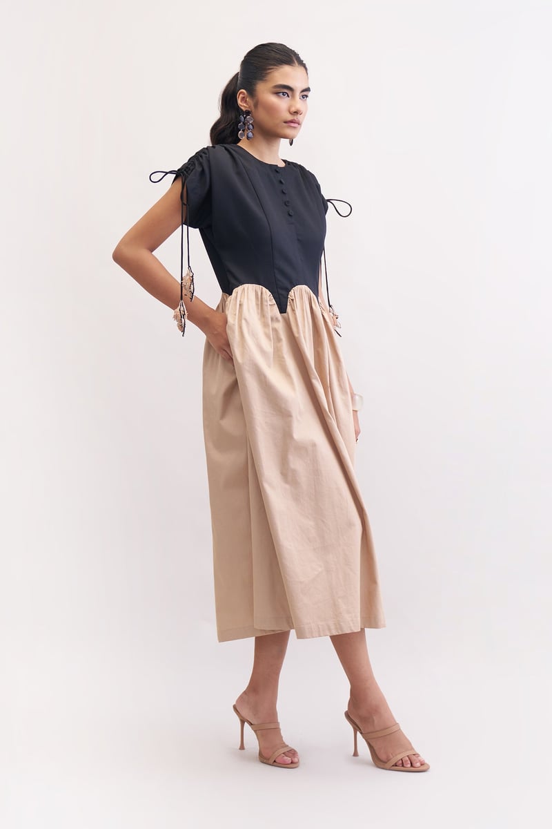 Khaki and Black Colorblock Midi Dress with Drawstring Sleeves