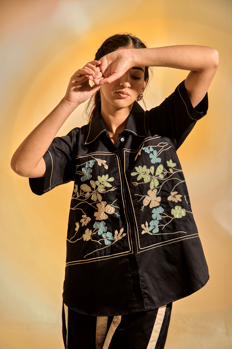 Black Cotton Satin Patchwork Embroidered Co-ord Set