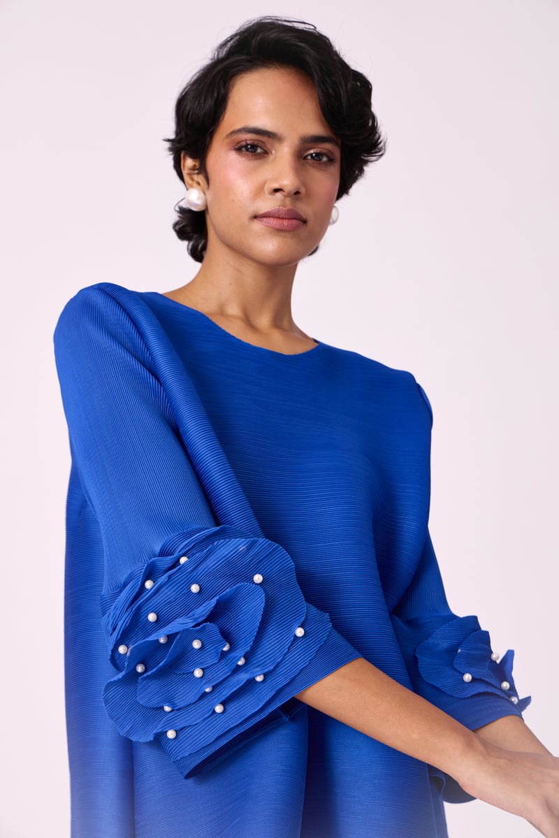 Azure Blue Pleated Top with Pearl Applique Sleeves