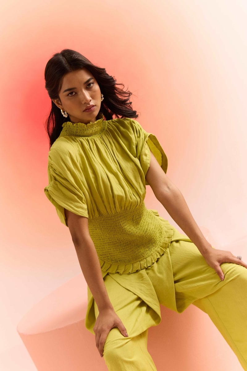 Lime Green Wrap-Front Wide-Leg Trousers