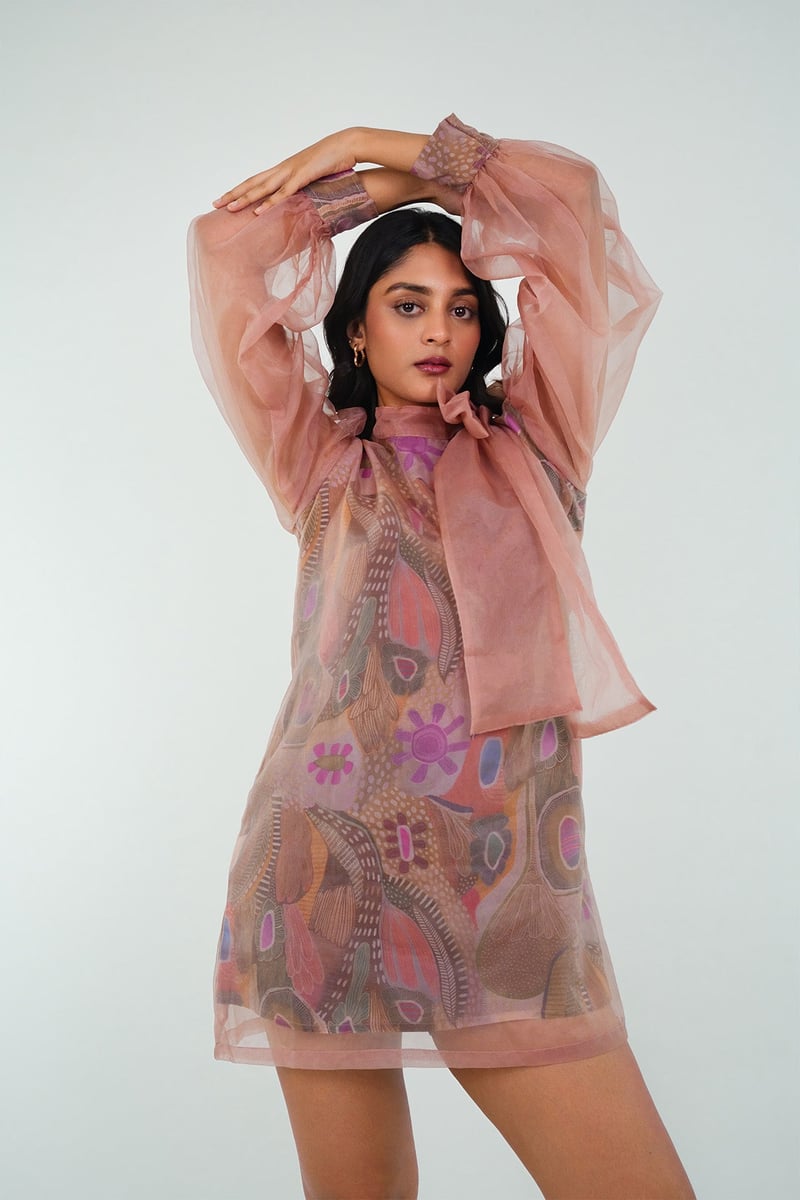 Pink Printed Organza Bow Mini Dress