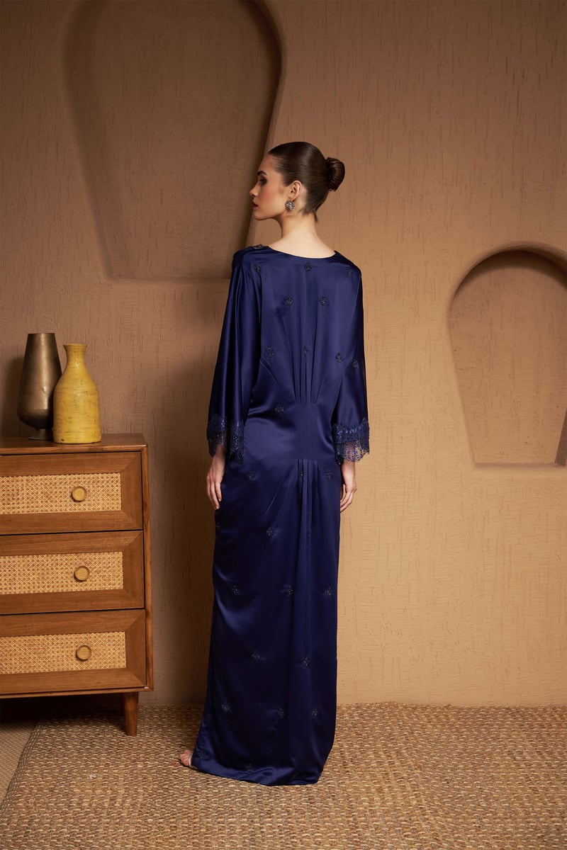 Navy Blue Italian Satin Lace-Trim Maxi Kaftan