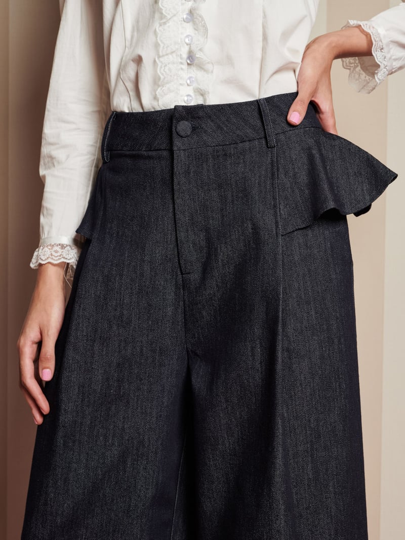 Dark Denim High-Waist Peplum Wide-Leg Trousers