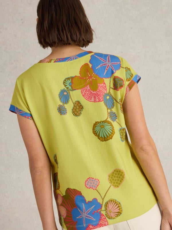 Yellow Print Notch Neck Cotton Jersey T-Shirt