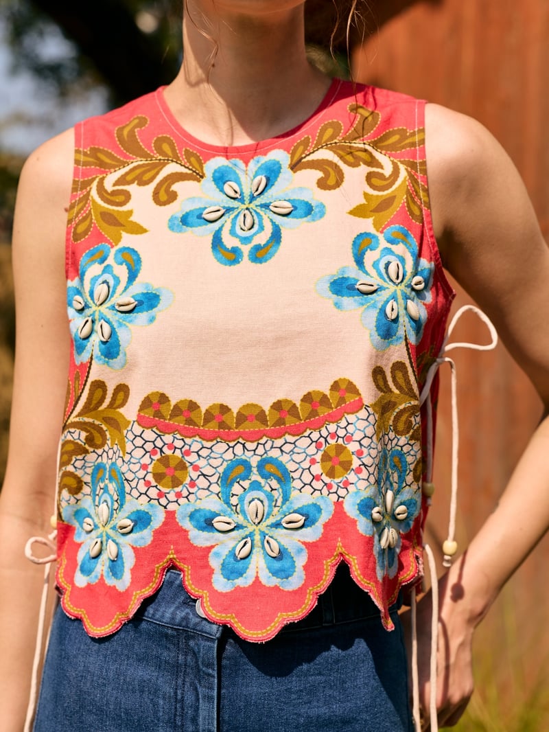 Beige Floral Printed Sleeveless Top with Side Ties
