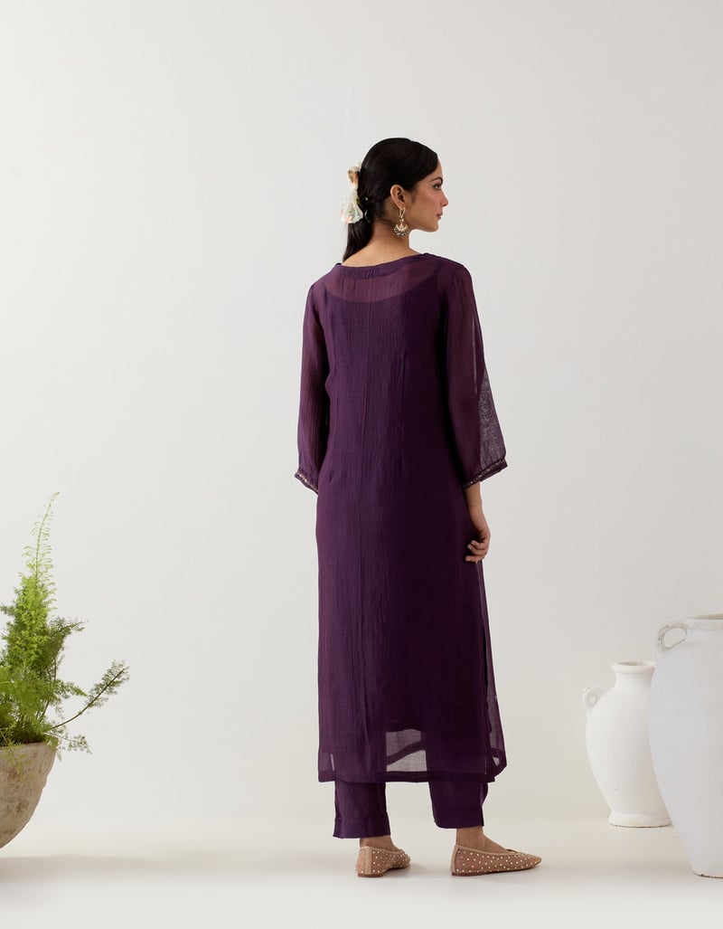 Deep Purple Chanderi Silk Embroidered Kurta Set with Slip