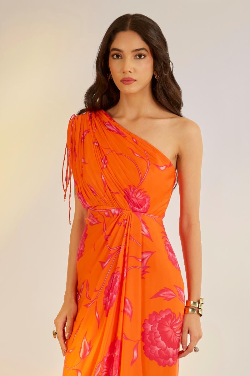 Orange One-Shoulder Printed Satin Georgette Maxi Dress
