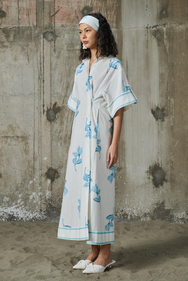 White Linen Maxi Shirt Dress with Blue Floral Print